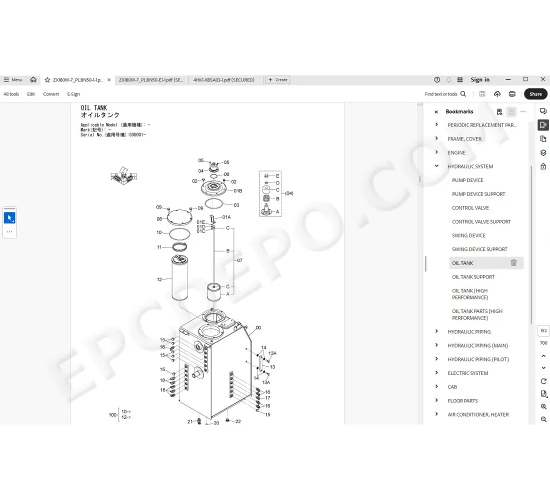 Hitachi excavator Zaxis ZX180W-7 spare parts manual